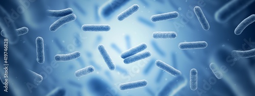 Bacteria. Bacterium. Blue color. Prokaryotic microorganisms. 3d illustration. Banner photo