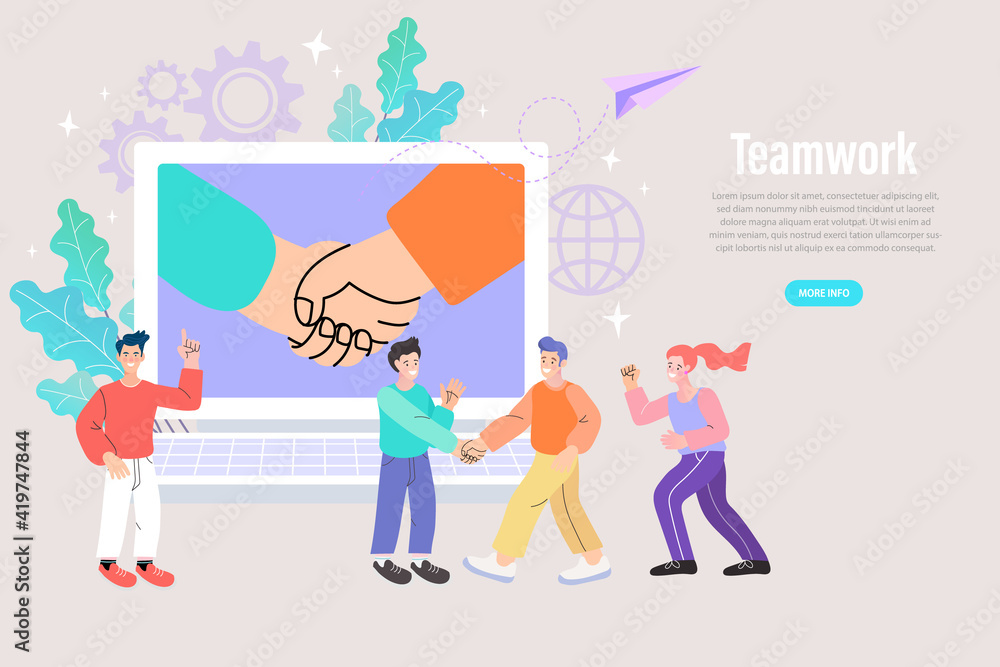Businessman handshake via laptop. online conclusion of the transaction. shake hand and congratulations in computer. people celebrating teamwork. vector illustration