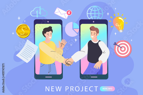 Happy young man and woman talking on smartphone. man and woman teammate working remotely using smartphone or mobile phone for meeting. virtual relationships, online dating and social networking.