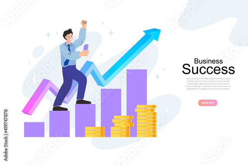 A businessman walking up a pile of coins into a graph The top is a tree. concept of money and business growth. design vector illustration.
