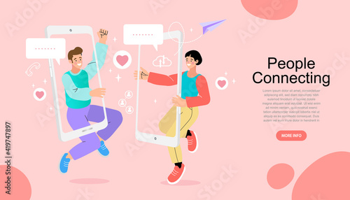Happy young man and woman talking on smartphone. man and woman teammate working remotely using smartphone or mobile phone for meeting. virtual relationships, online dating and social networking.