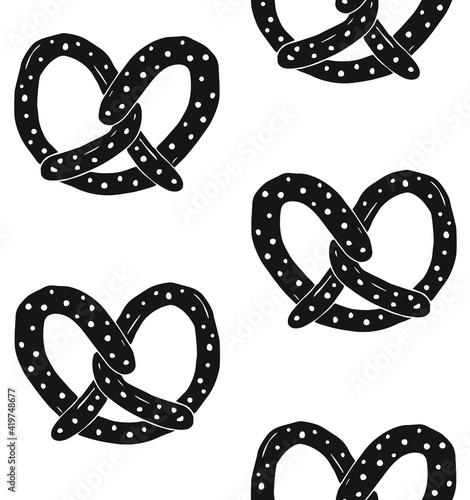Vector seamless pattern of black hand drawn doodle sketch pretzel isolated on white background