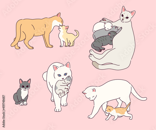 Collection of cute mother and baby cat characters.
