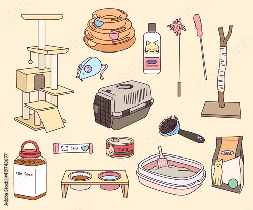 Collection of pet supplies.