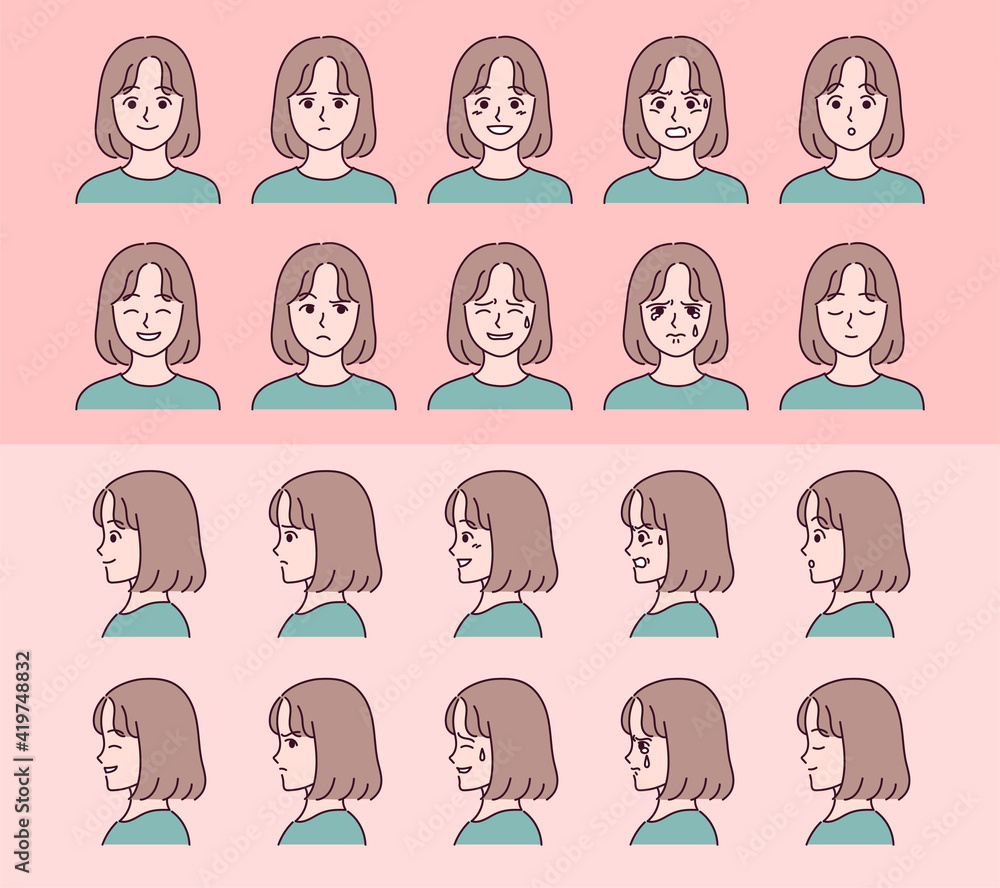 Set of face girl characters with various emotion expressions. Set of face girl characters with various emotion expressions.