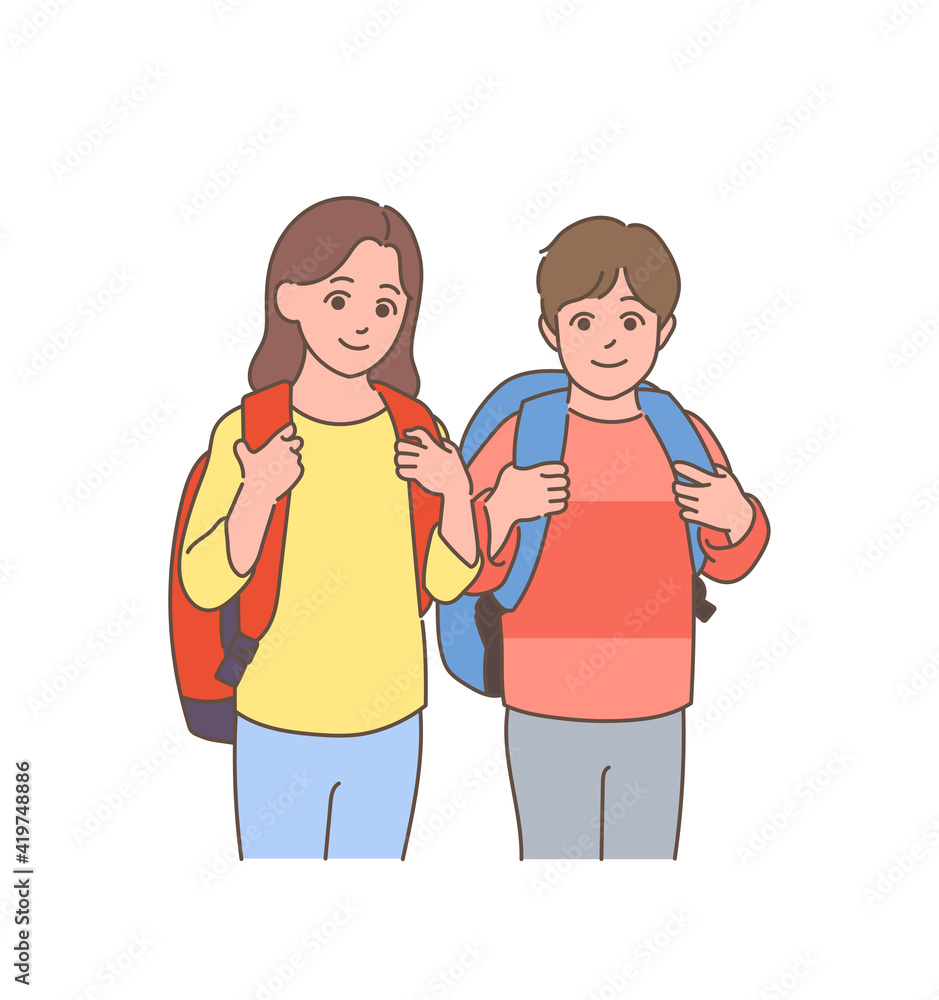 Elementary school student character going to school with a backpack. Elementary school student character going to school with a backpack.