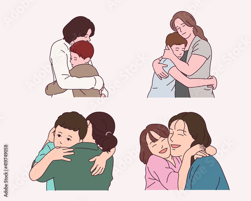 Families who warmly hug each other.
