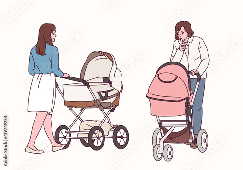 Front and back views of women walking with strollers.
