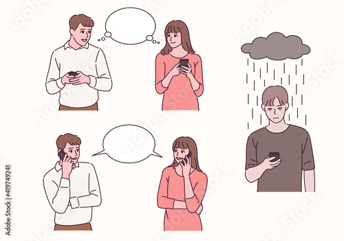 A couple is thinking and talking with a cell phone in hand. Another man is waiting for a call.