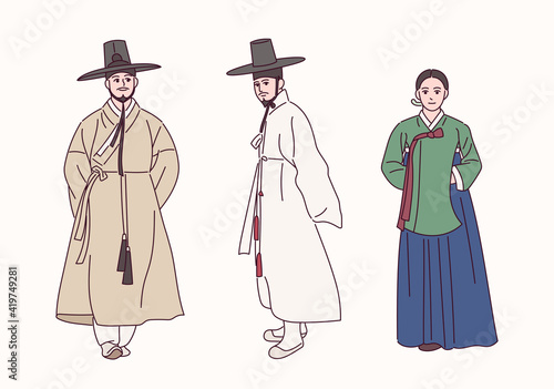 People wearing traditional Korean clothes.