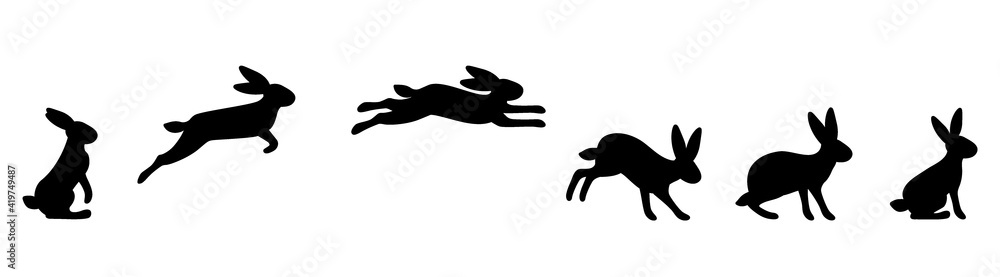 A set of rabbit jump phases. The hare sits, prepares to jump, jumps, lands. Black silhouette on a white background. Vector illustration. A set of rabbit jump phases. The hare sits, prepares to jump, jumps, lands. Black silhouette on a white background. Vector illustration.