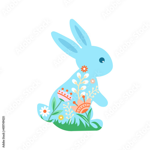 Festive Easter bunny decorated with flowers. Vector illustration of the Happy Easter icon