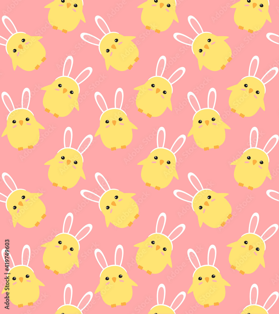 Naklejka premium Vector seamless pattern of hand drawn doodle flat easter chick with rabbit ears isolated on pink background