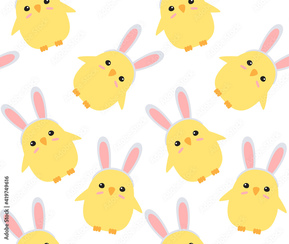 Fototapeta premium Vector seamless pattern of hand drawn doodle flat easter chick with rabbit ears isolated on white background