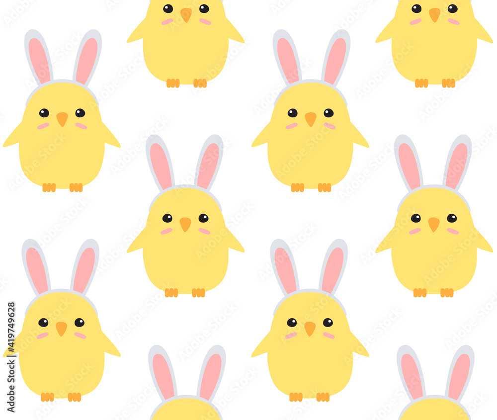 Vector seamless pattern of hand drawn flat easter chick with rabbit ears isolated on white background