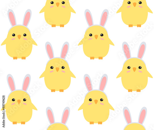 Vector seamless pattern of hand drawn flat easter chick with rabbit ears isolated on white background