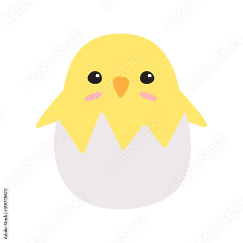 Vector flat cartoon doodle colored chick in egg shell isolated on white background