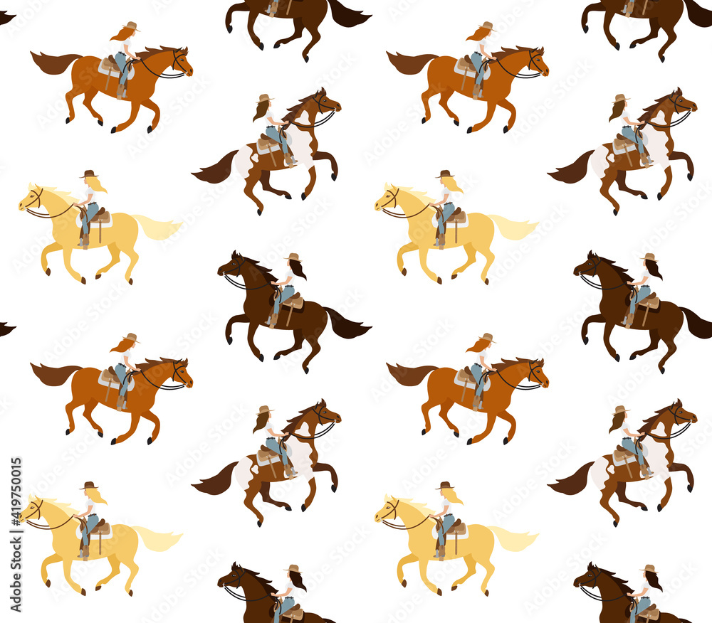 Vector seamless pattern of flat different western cowboy girl woman riding running horse isolated on white background