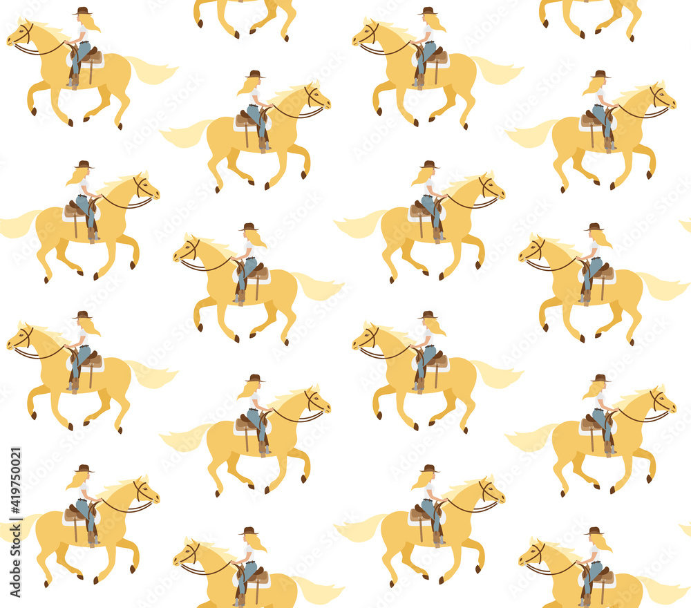 Vector seamless pattern of flat western cowboy girl woman riding running horse isolated on white background