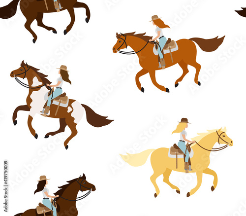 Vector seamless pattern of different color flat western cowboy girl woman riding running horse isolated on white background