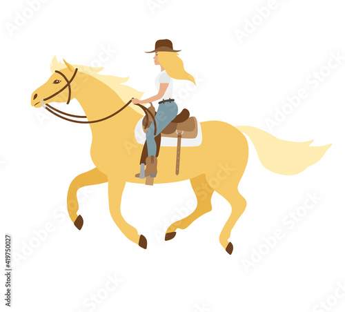 Vector flat western cowboy blond girl woman riding running horse isolated on white background