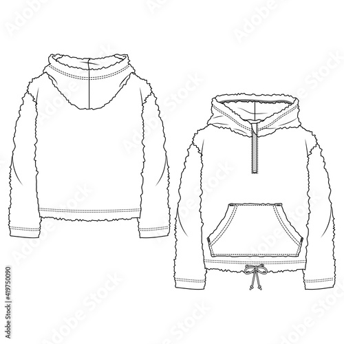 Girls Berber Pullover Hooded Top fashion flat sketch template. Technical Fashion Illustration. Faux Rabbit Sweatshirt. Zipper detail