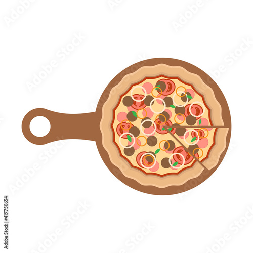Delicious pizza, wooden shovel pizza and pizza slice vector illustration