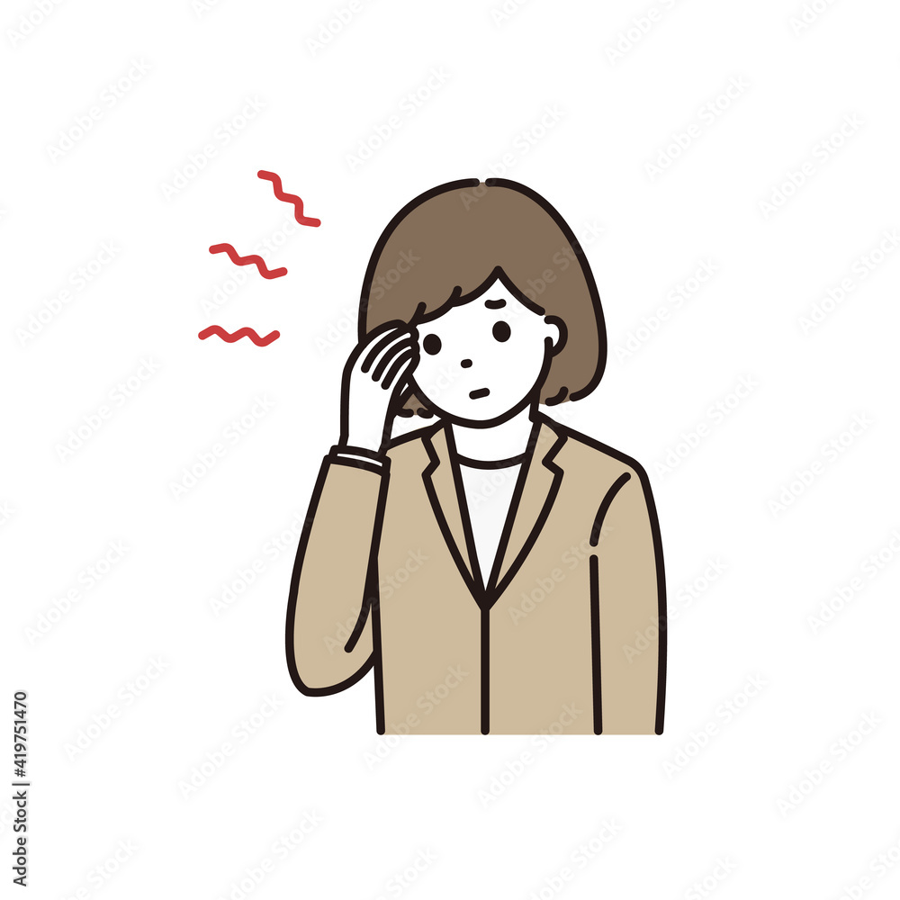 頭痛に悩むスーツ姿の若い女性 頭痛に悩むスーツ姿の若い女性
