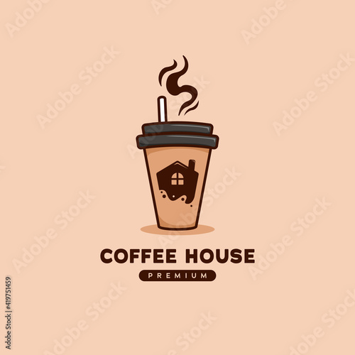 Coffee house logo with house icon inside coffee to go paper cup illustration in cartoon style