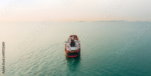 Aerial angle rear view of oil tanker ship sailing on open sea. Crude oil tanker lpg ngv at industrial estate Thailand - Oil tanker ship to Port of Singapore - import export