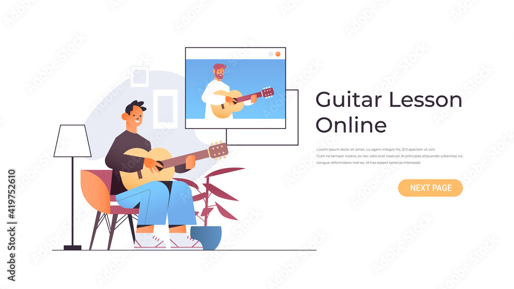 man playing guitar with teacher in web browser window during virtual conference online music lesson concept horizontal copy space vector illustration