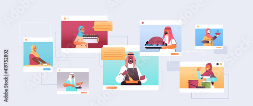 set arabic food bloggers preparing dishes arab chefs in web browser windows online cooking class concept portrait horizontal vector illustration