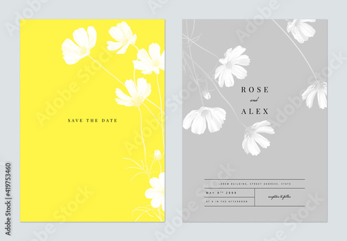Floral wedding invitation card template design, monochrome cosmos flowers with leaves on yellow and grey, two tones color