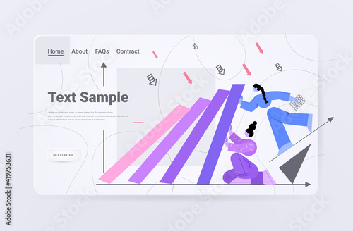 businesswomen stopping domino effect crisis management chain reaction finance intervention conflict prevention concept horizontal full length copy space vector illustration