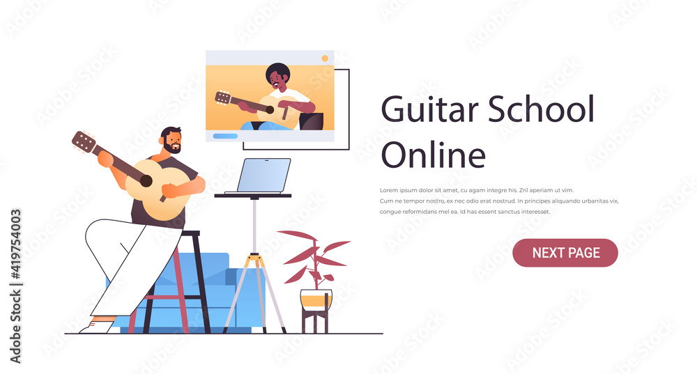 man playing guitar with african american teacher in web browser window during virtual conference online music school concept horizontal copy space vector illustration