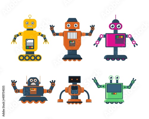 Set of robot toys in various model robot and robot wheel vector illustration