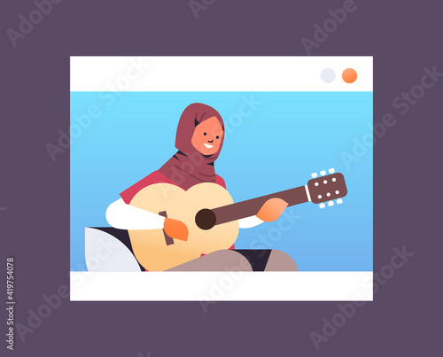 arab woman playing guitar in web browser window online music theory concept portrait horizontal vector illustration