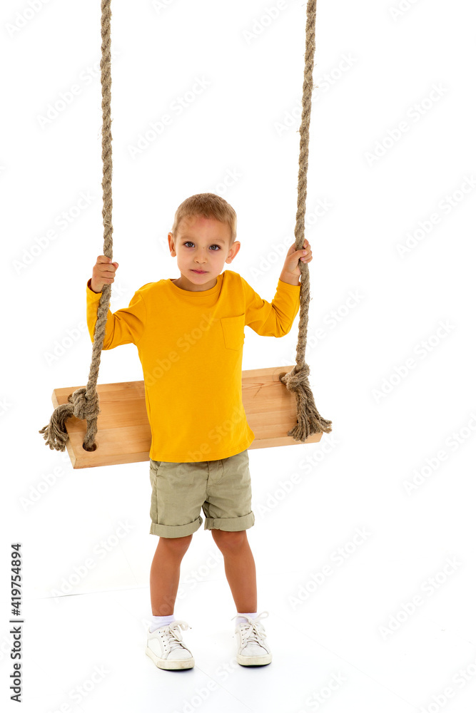 Cute boy sitting on rope swing