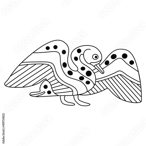 Stylized waterfowl bird with open wings. Swan, duck or goose. Ancient Greek vase painting animal motif. Ethnic folk style. Black and white linear silhouette.