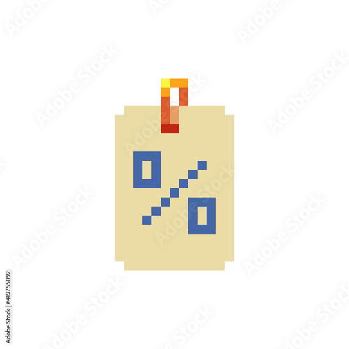 Percent discount tag template badge pixel art icon. Shop symbol design for logo, sticker, mobile app, website, badges and patches. 8-bit sprite. Isolated vector illustration.