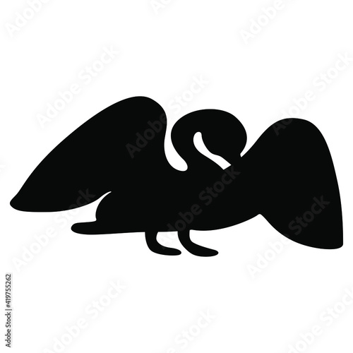 Stylized waterfowl bird with open wings. Swan, duck or goose. Black silhouette on white background.