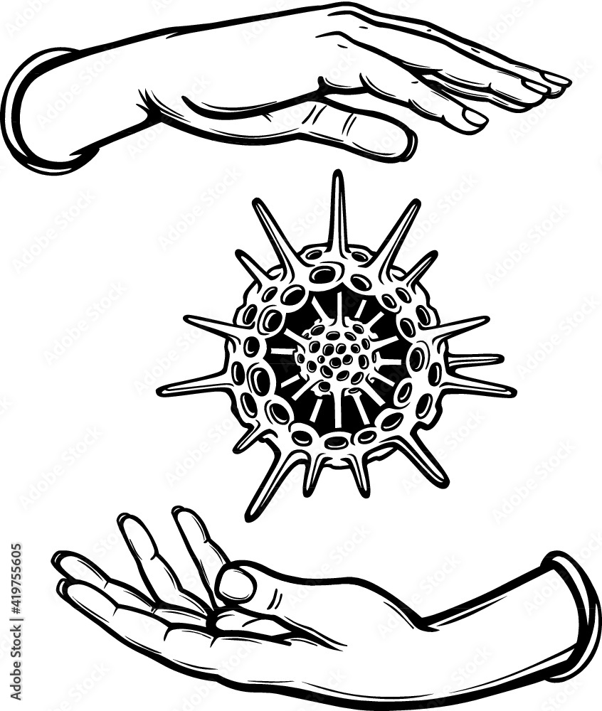 Human hands hold a skeleton of a radiolaria. Coloring book. Vector illustration isolated on a white background. Human hands hold a skeleton of a radiolaria. Coloring book. Vector illustration isolated on a white background.