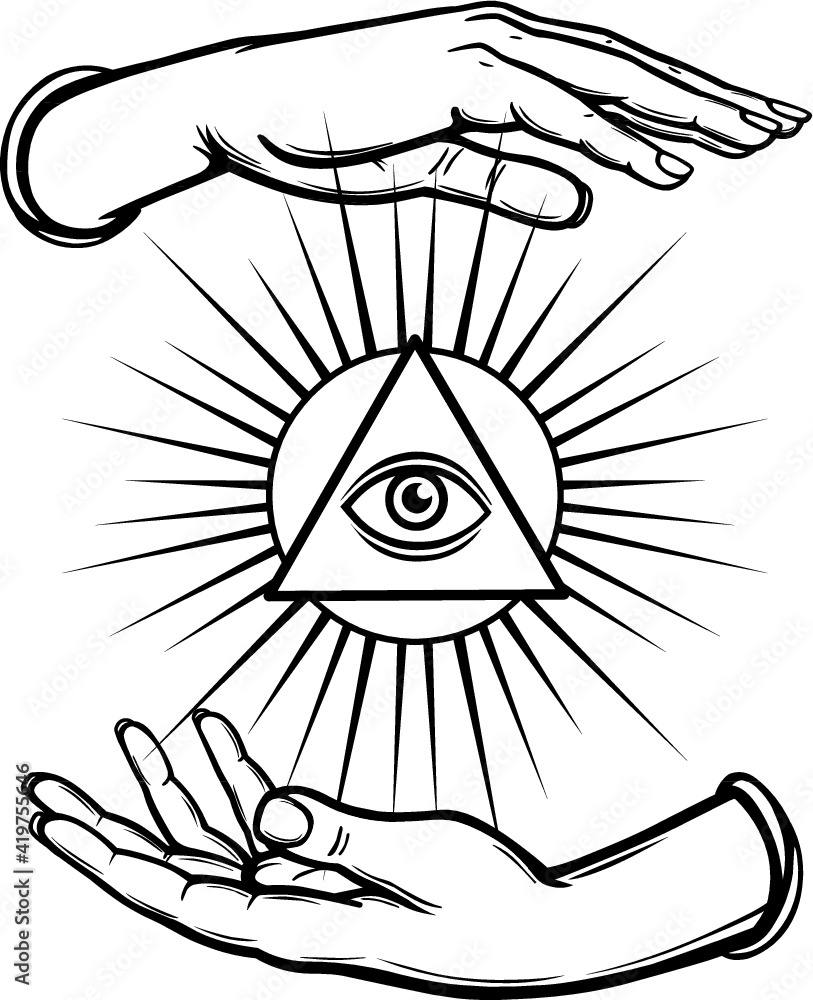 Human hands hold the shining triangle a symbol of eyes. Coloring book ...