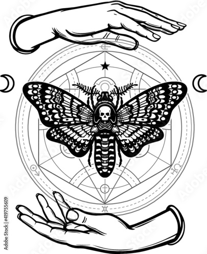 Human hands hold a moth the Dead Head. Alchemical circle. Symbols of the moon. Mysticism, esoteric, sorcery. Coloring book. Vector illustration isolated on a white background.