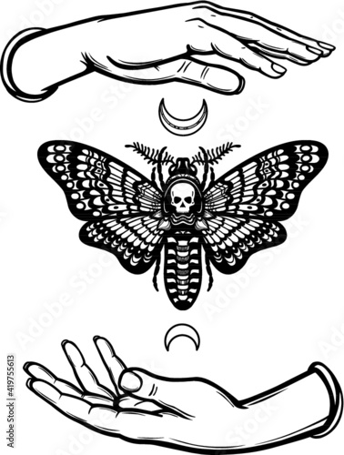 Human hands hold a moth the Dead Head. Symbols of the moon. Mysticism, esoteric, sorcery. Coloring book. Vector illustration isolated on a white background.