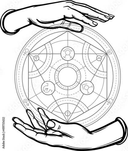 Human hands hold Alchemical circle. Vector illustration isolated on a white background.
