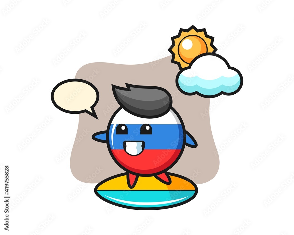Illustration of russia flag badge cartoon do surfing on the beach