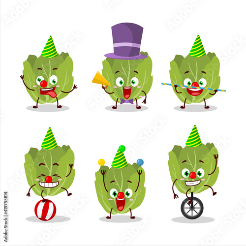 Cartoon character of romain letuce with various circus shows