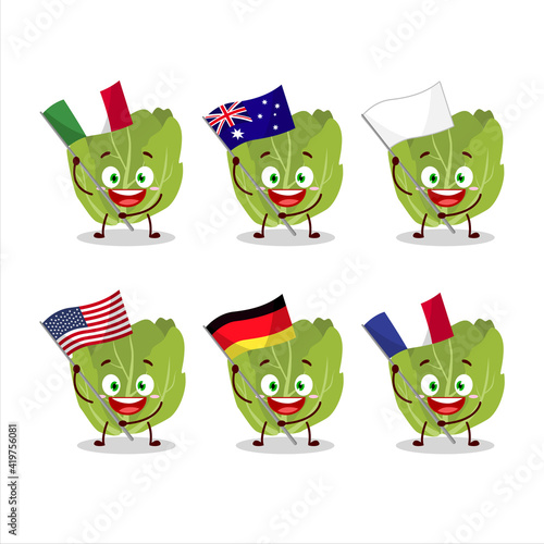 Romain letuce cartoon character bring the flags of various countries