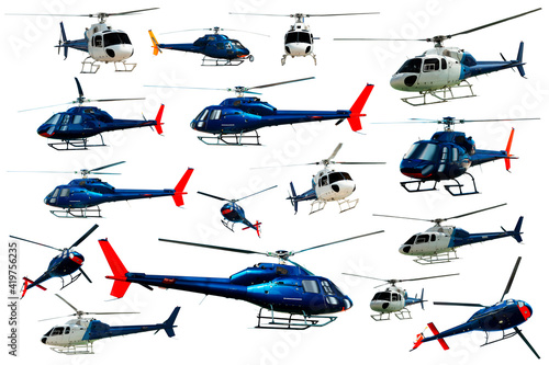Obraz na plátně Collection of helicopters flying isolated on white background